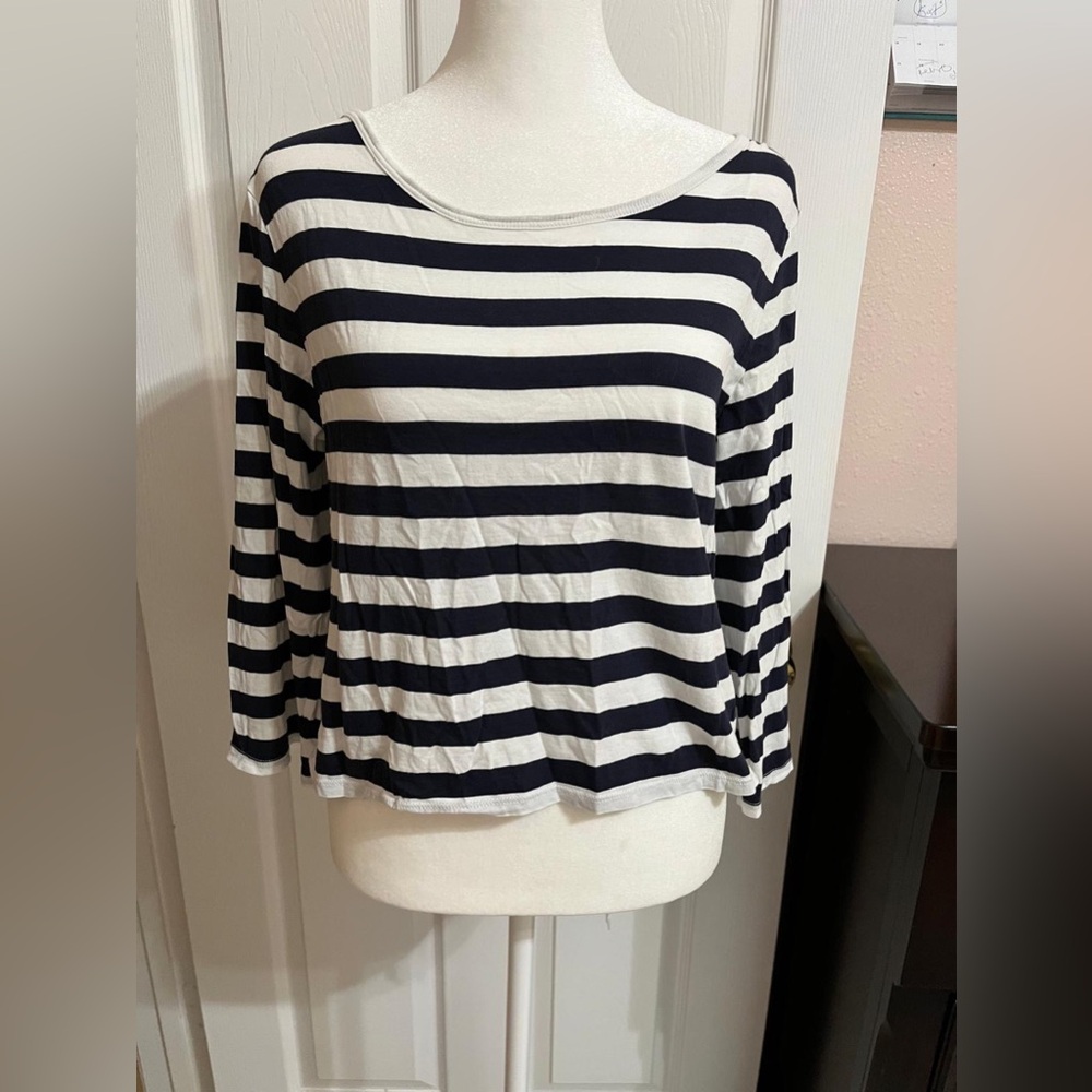 (U) Moda International black and white long-sleeved striped blouse
